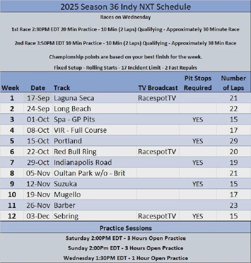 Indy NXT Schedule