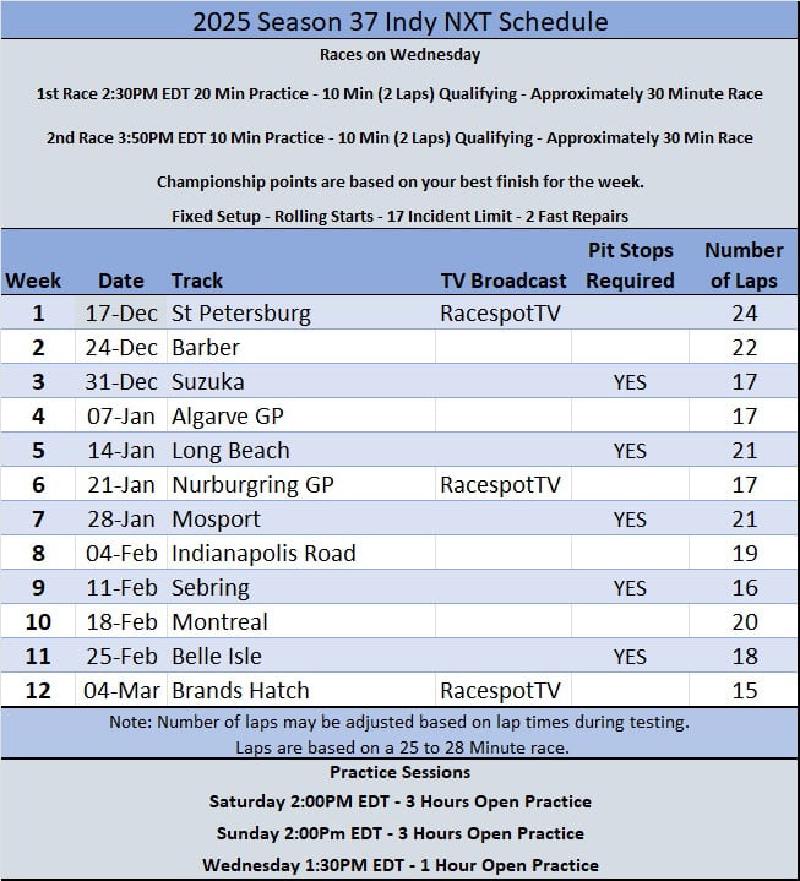 Indy NXT Schedule